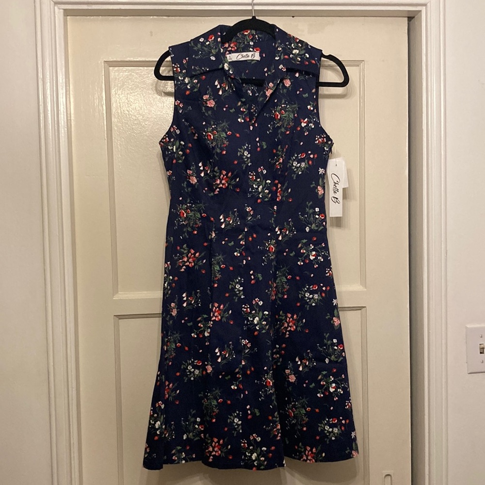 NWT Chetta B Sleeveless Navy Blue Red Floral Pattern Print Dress